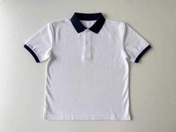 Custom white and navy school polo, front flat lay
