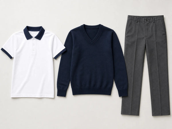 Custom navy and grey school uniform set, front flat lay