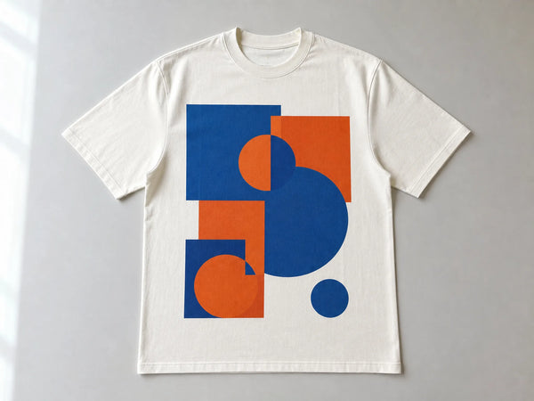 Custom off-white T-shirt with blue and orange geometric screen print, front flat lay