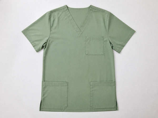 Custom sage green scrub top, front flat lay