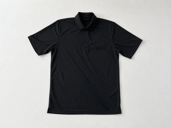 Custom black security polo with blank chest, front flat lay