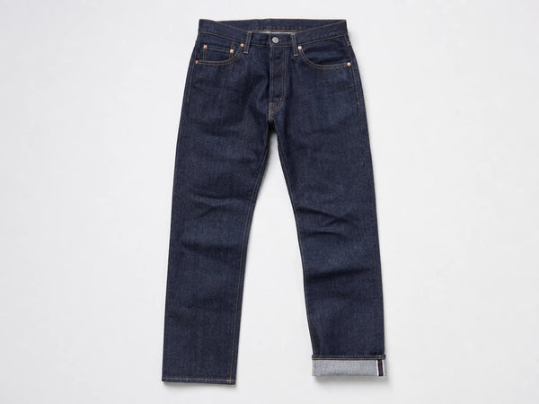 Custom raw indigo selvedge jeans, front flat lay