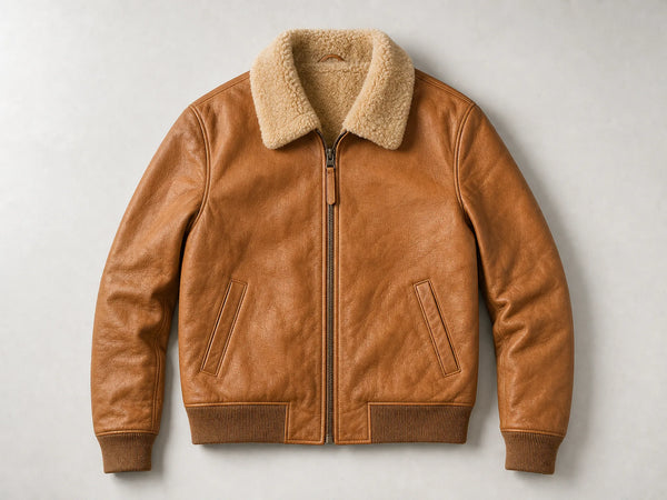Custom tan leather bomber with shearling collar, front flat lay