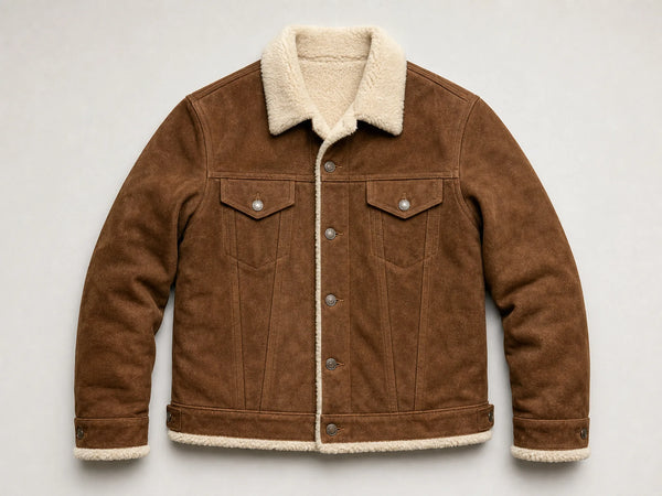Custom brown shearling trucker jacket, front flat lay