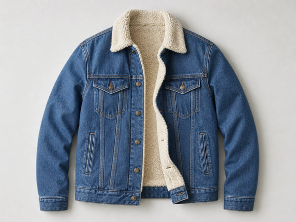 Custom blue sherpa-lined denim jacket, front flat lay
