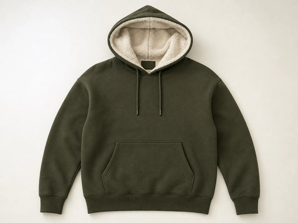 Custom sherpa-lined hoodie in olive green with ivory hood lining, front flat lay