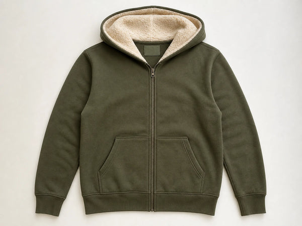 Custom sherpa-lined zip hoodie in olive green with cream lining, front flat lay