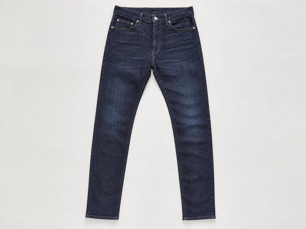 Custom dark indigo slim-fit jeans, front flat lay