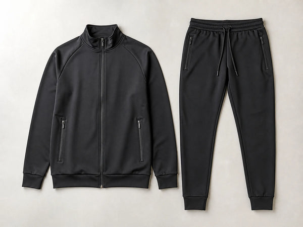 Custom black slim-fit tracksuit with full-zip jacket and tapered joggers, front flat lay