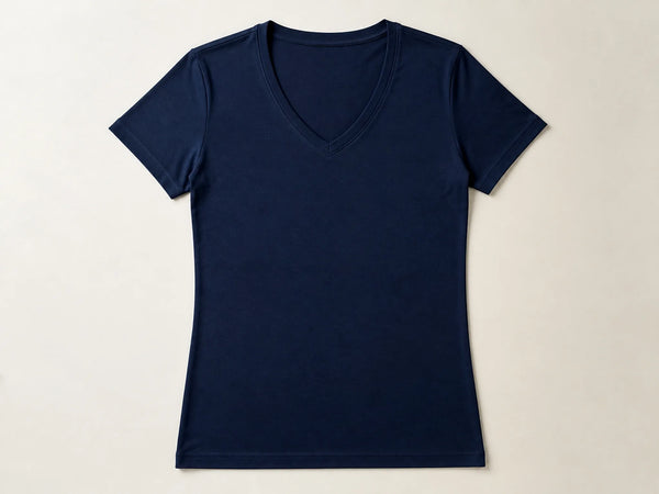 Custom slim V-neck T-shirt in navy cotton jersey, front flat lay