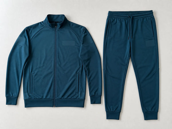 Custom deep teal sponsor-print-ready tracksuit with blank transfer zones, front flat lay
