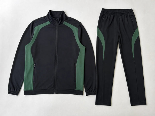 Custom black and forest green sports tracksuit with jacket and pants, front flat lay