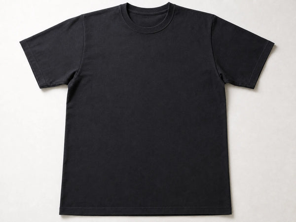 Custom black staff T-shirt, front flat lay