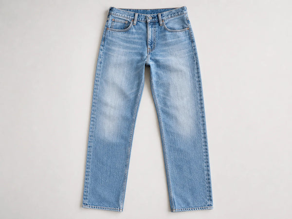 Custom light blue stone-wash jeans, front flat lay