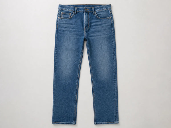 Custom mid-blue straight-leg jeans, front flat lay