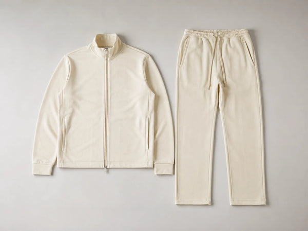 Custom cream straight-leg jogger set with zip jacket and pants, front flat lay