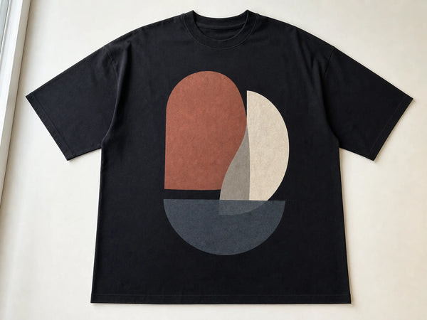 Custom black streetwear graphic T-shirt with abstract geometric print, front flat lay