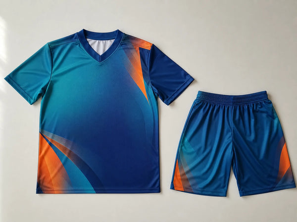 Custom teal and orange sublimated football jersey and shorts, front flat lay
