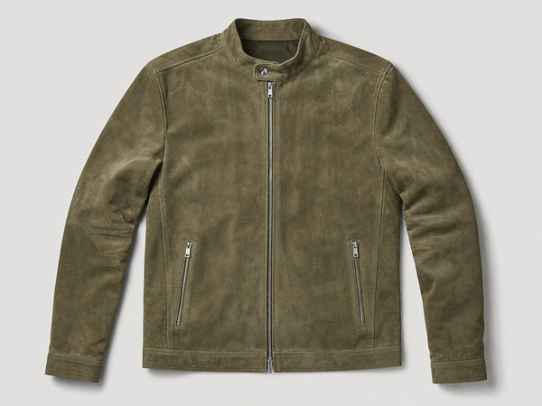 Custom olive suede racer jacket, front flat lay