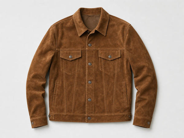 Custom tobacco suede trucker jacket, front flat lay