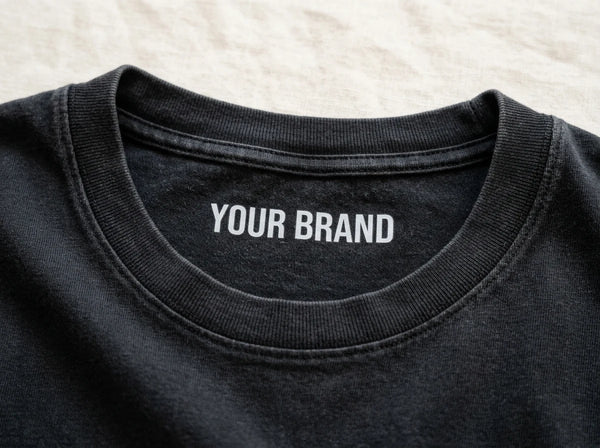Tagless heat-transfer neck label printed inside a black t-shirt — tag-free labelling for private label clothing