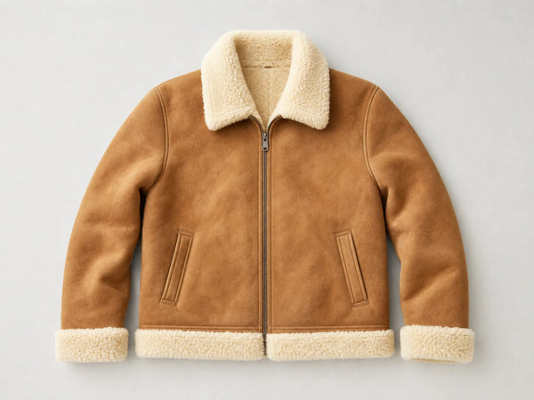 Custom tan shearling jacket, front flat lay