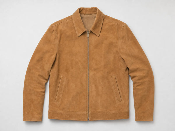 Custom tan suede jacket, front flat lay