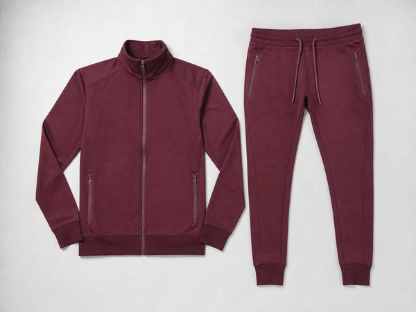 Custom burgundy tapered slim tracksuit with zip jacket and pants, front flat lay