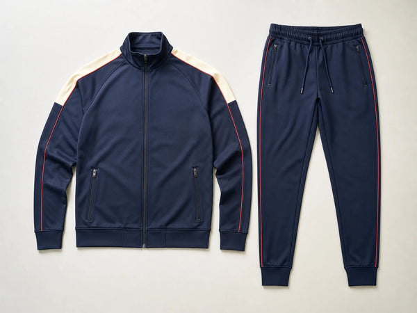 Custom navy team tracksuit with cream and red piping, front flat lay