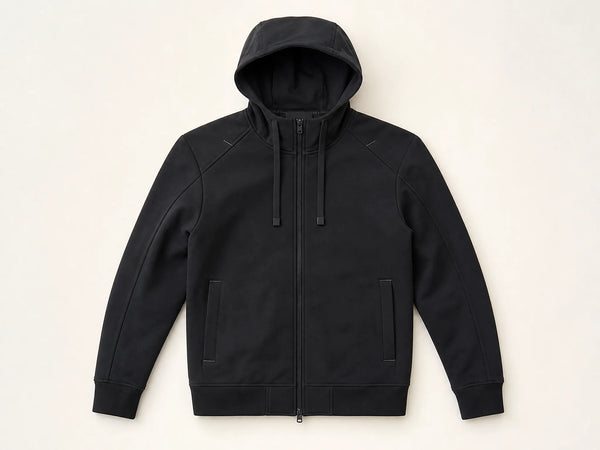 Custom tech zip hoodie in matte black technical fabric, front flat lay