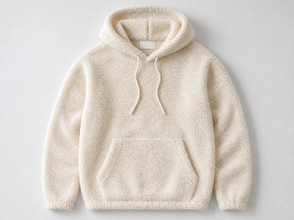Custom teddy fleece hoodie in warm ivory cream, front flat lay