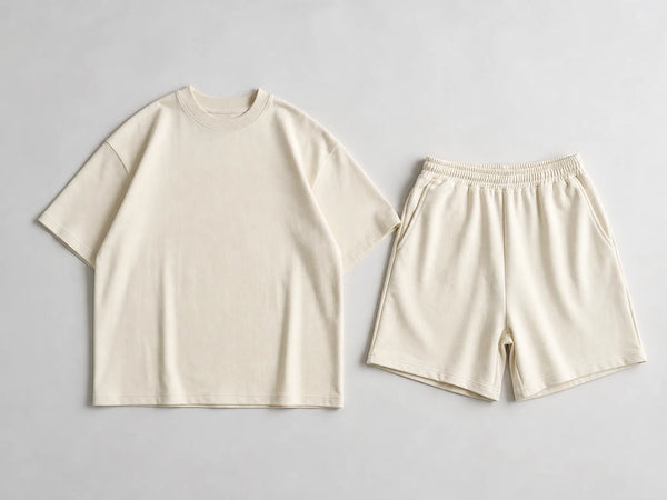 Photorealistic product mockup of a coordinated blank cream heavyweight T-shirt and jersey shorts streetwear set viewed overhead.