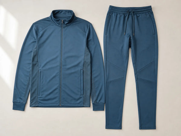 Custom petrol blue training tracksuit with technical jacket and pants, front flat lay
