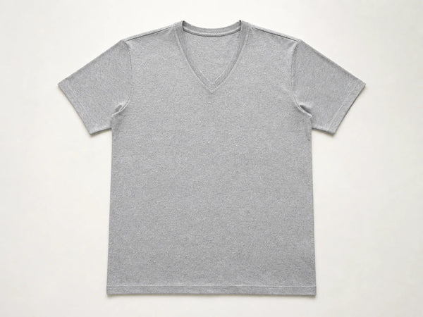Custom V-neck T-shirt in light grey cotton jersey, front flat lay