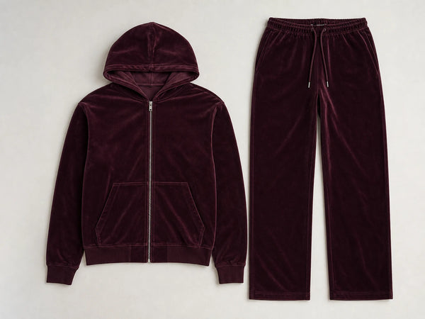 Custom plum velour tracksuit with zip hoodie and relaxed pants, front flat lay
