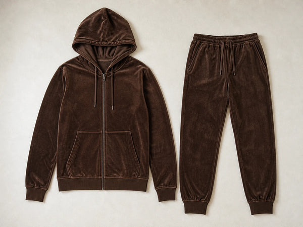 Custom chocolate brown velour zip tracksuit with jacket and cuffed pants, front flat lay