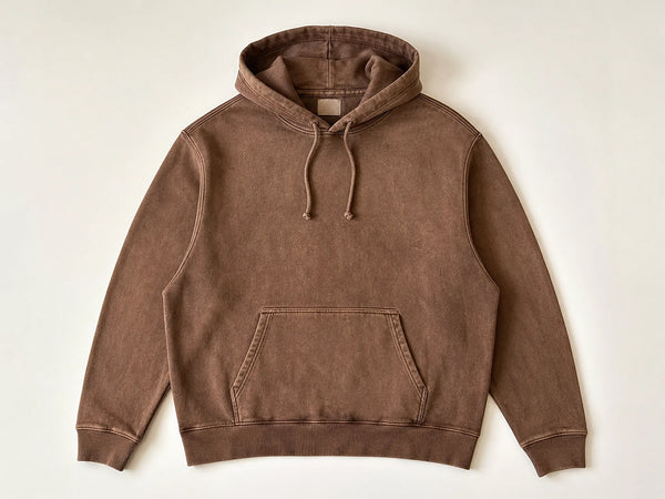Custom vintage-wash hoodie in faded tobacco brown fleece, front flat lay