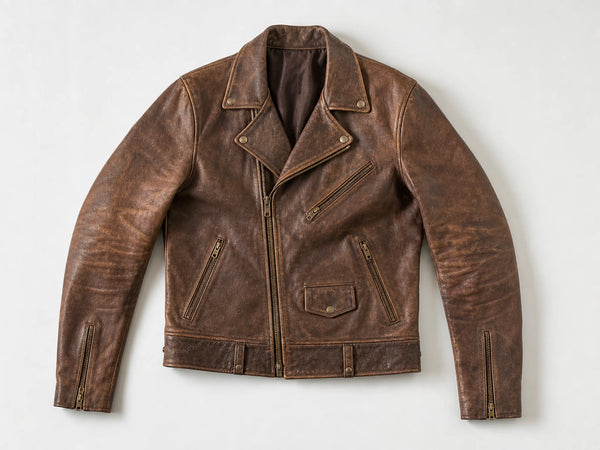 Custom brown vintage-washed biker jacket, front flat lay