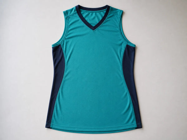 Custom teal sleeveless volleyball jersey, front flat lay