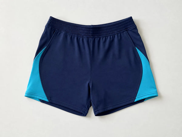 Custom navy volleyball shorts with teal panels, front flat lay