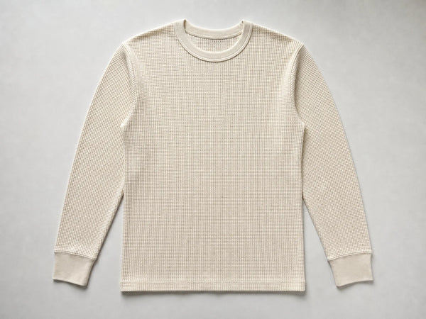 Custom waffle-knit long-sleeve T-shirt in oatmeal cotton, front flat lay
