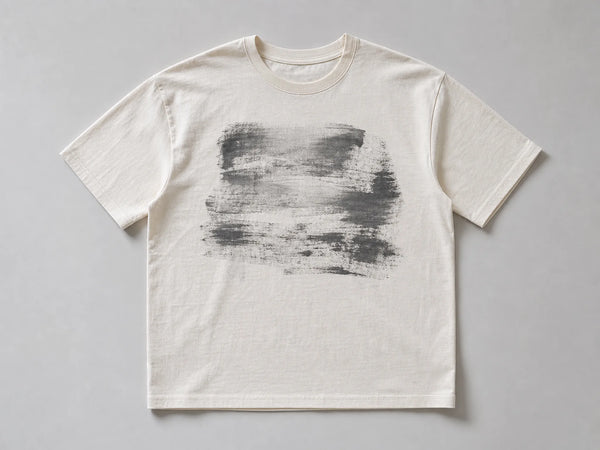Photorealistic product mockup of an off-white heavyweight cotton T-shirt with a matte charcoal water-based abstract print.
