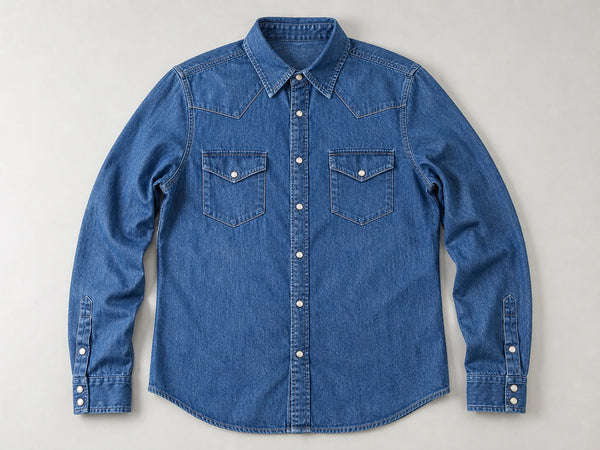 Custom blue western denim shirt, front flat lay
