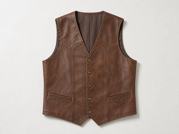 Custom brown western leather vest, front flat lay