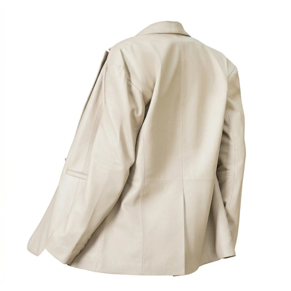 Custom women’s oversized leather blazer back view