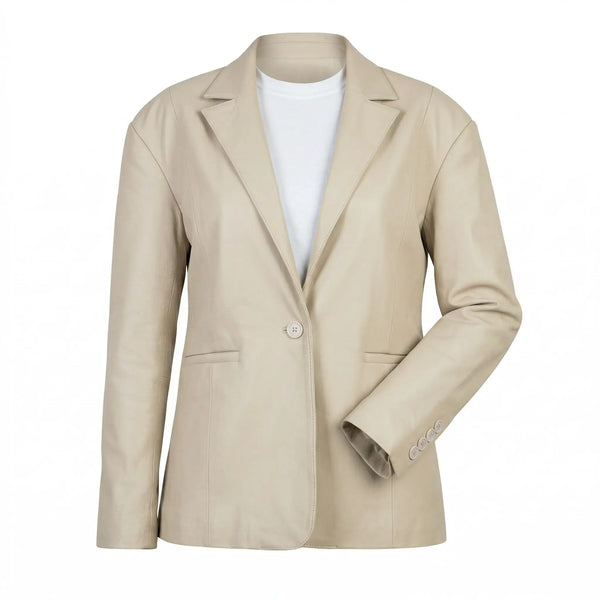 Custom women’s oversized leather blazer front view
