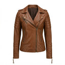 Custom women’s quilted sleeve leather biker jacket front view