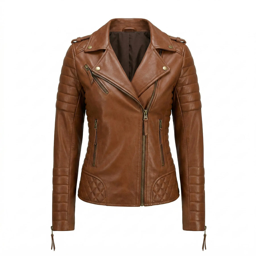 Custom women’s quilted sleeve leather biker jacket front view