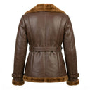 Custom women’s shearling double breasted leather coat jacket back view
