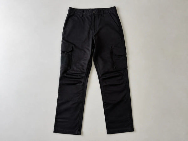 Custom black cargo work trousers, front flat lay